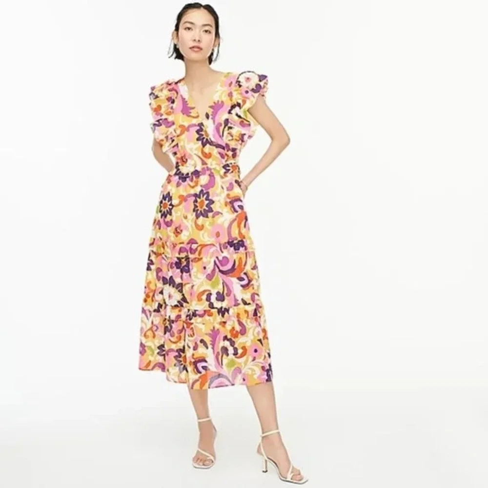 J. Crew Ruffle-Sleeve Dress Ratti Cotton Spring Floral Size XXL NEW Resort Beach
